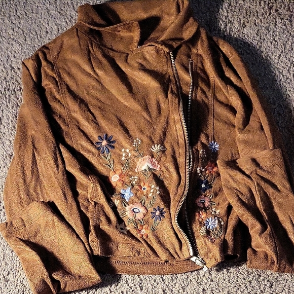 Beautees Jackets & Blazers - Beautees Brown Bomber Jacket with Floral Embroidery